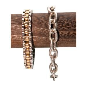 Lot of Two Metal Bracelets One Two Tone Stretch & One Textured Oval Link
